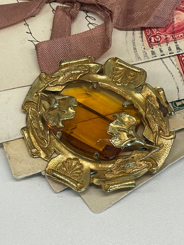 1940’s Czech Glass Amber and Gold Brooch Bloomers and Frocks